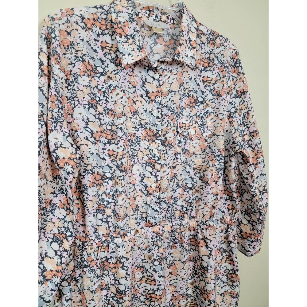 Ann Taylor Loft Women's Dress Collared 3/4 Roll-Tab Sleeves Size Large Floral - Picture 2 of 8